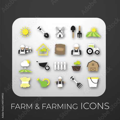 Farm and Farming Icons Set | Vector Icons for Agriculture, Barn, Tractor, Crops, Farm Animals, Harvest, Farming Tools, Livestock, Organic Farm, Seed, Wheat, Farm Equipment, Pasture, and Farm Machinery