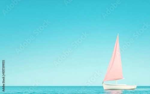 Minimalist Sailboat with Pink Sail on Calm Blue Waters Under Clear Sky