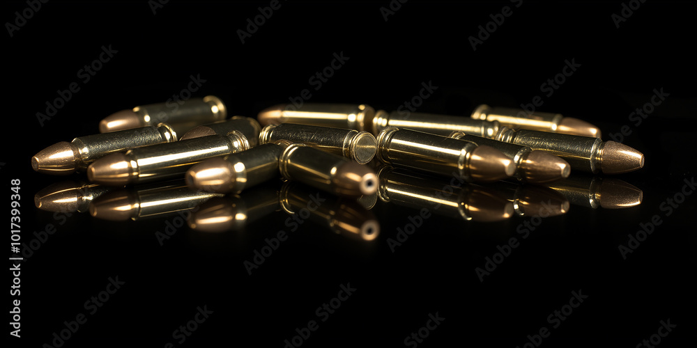 Naklejka premium 9mm bullets laying on a black reflective surface