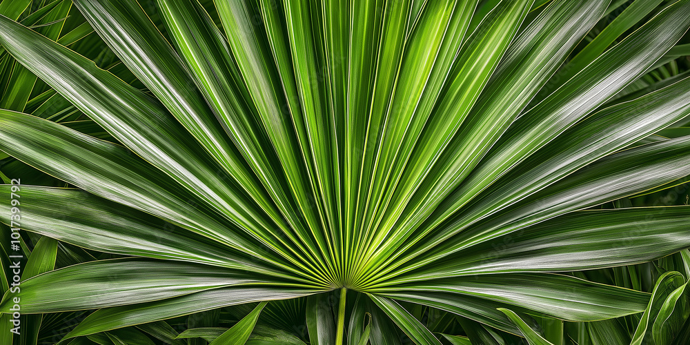 Vibrant green palm leaf with lines converging at the stem Vibrant green palm leaf with lines converging at the stem