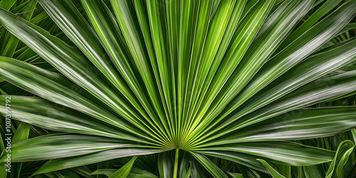 Vibrant green palm leaf with lines converging at the stem