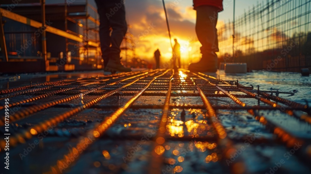 Naklejka premium Construction site at sunset with metal bars, workers silhouetted against the glowing sky, capturing the industrial atmosphere and hard work.