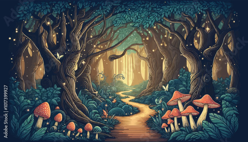 Mystical woodland with ancient trees lush vegetation and sparkling fairy lights background