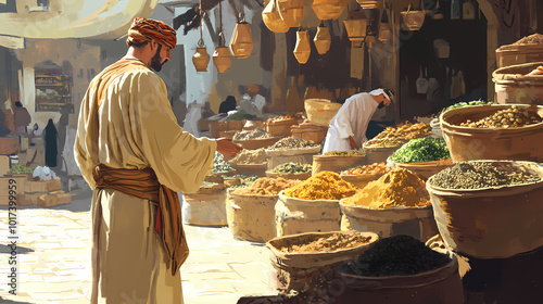 Man in traditional arab clothing shopping for spices at a market - photo. Moroccan Souk. Illustration