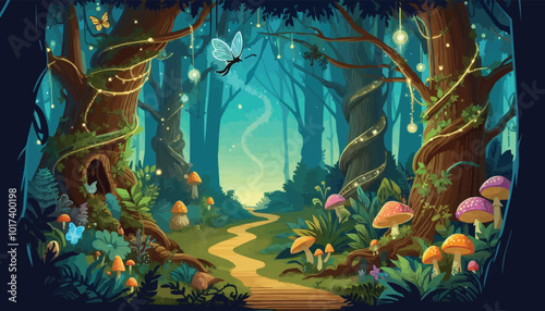 Mystical woodland with ancient trees lush vegetation and sparkling fairy lights background