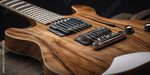 Custom shop electric guitar with beautiful wood grain resting on wood