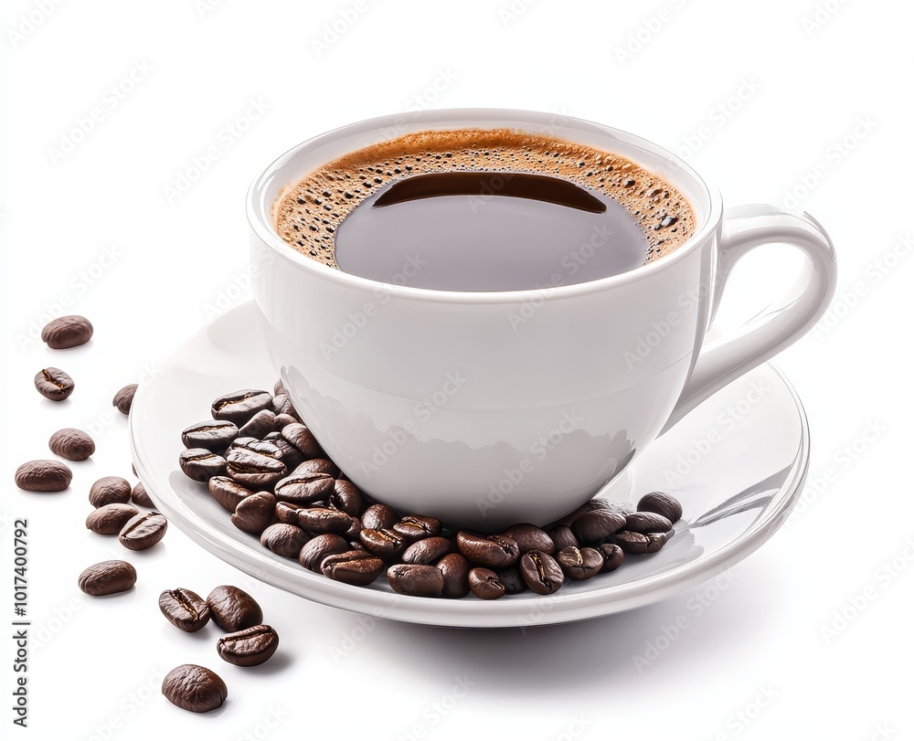 Fototapeta premium White cup of coffee with coffee beans on white background.