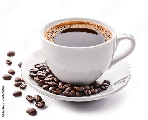 White cup of coffee with coffee beans on white background.