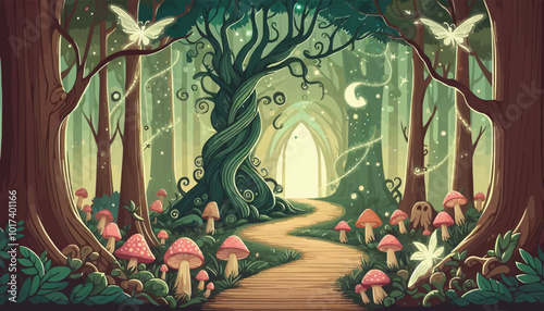 Mystical woodland with ancient trees lush vegetation and sparkling fairy lights background