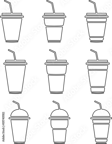Disposable plastic coffee or tea cup with straw icon vector set. cold drink glasses collection in line style.