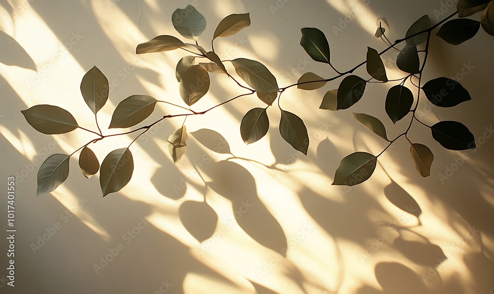 Elegant green leaves casting soft shadows on a wall create a serene and calming atmosphere. Elegant green leaves casting soft shadows on a wall create a serene and calming atmosphere.