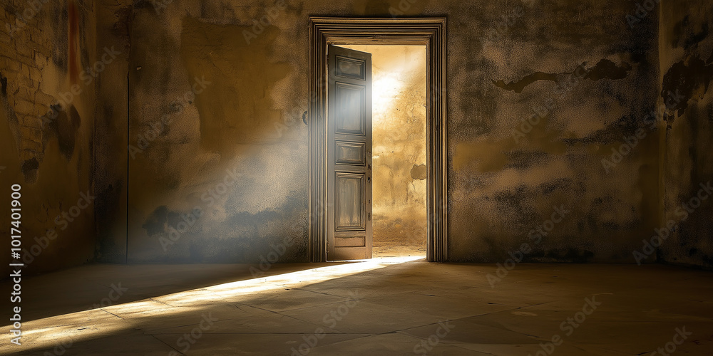 Sunbeam entering through open door into abandoned building
