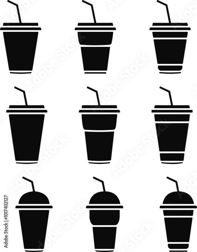 Disposable plastic coffee or tea cup with straw icon vector set. cold drink glasses collection in flat style.