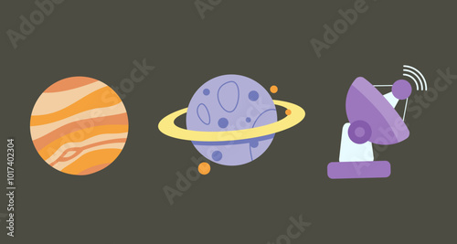 Planet and Satellite Dish Space Exploration Icons Illustration

