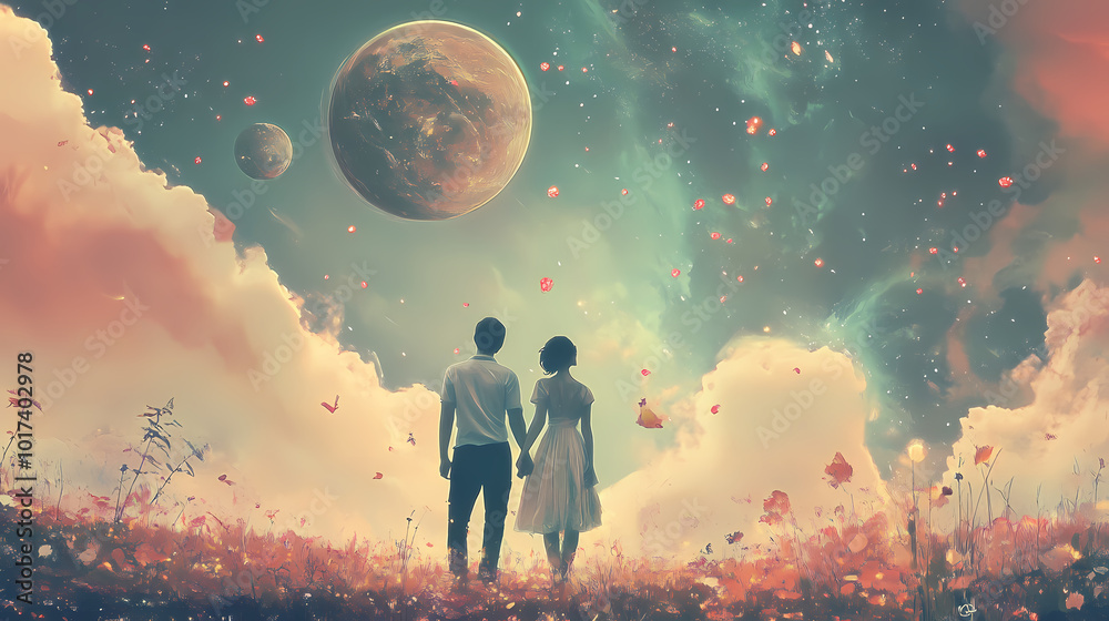Obraz premium Lovers and falling planets. beautiful surreal illustrations. Surreal Portraiture. Illustration