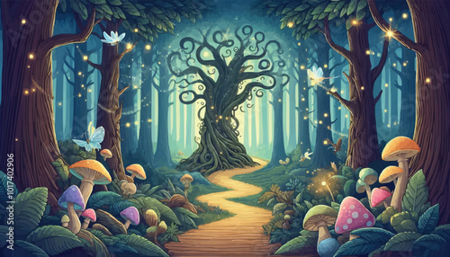 Mystical woodland with ancient trees lush vegetation and sparkling fairy lights background