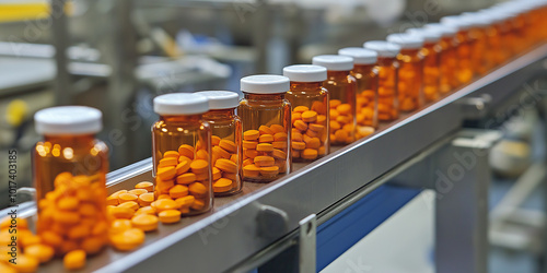 Pharmaceutical manufacturing conveyor belt carrying orange pills in bottles