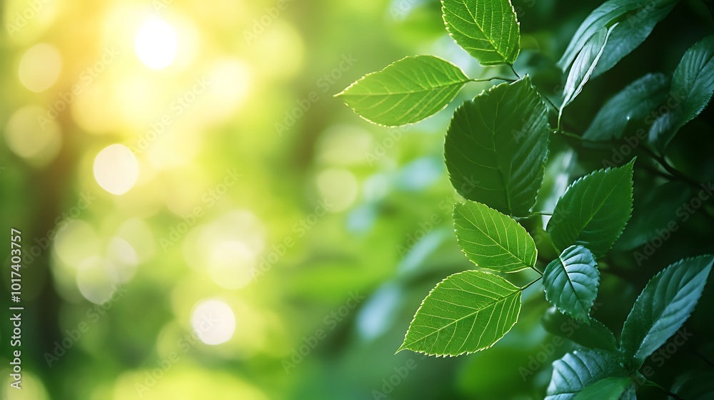 Fototapeta premium A close-up of vibrant green leaves with sunlight filtering through, creating a serene, refreshing atmosphere.