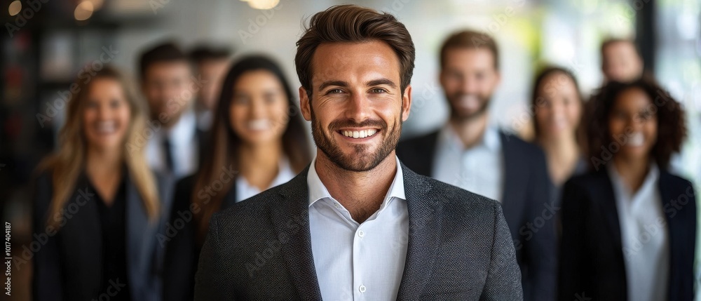 Confident smiling businessman leading a team in a modern office setting. Confident smiling businessman leading a team in a modern office setting.