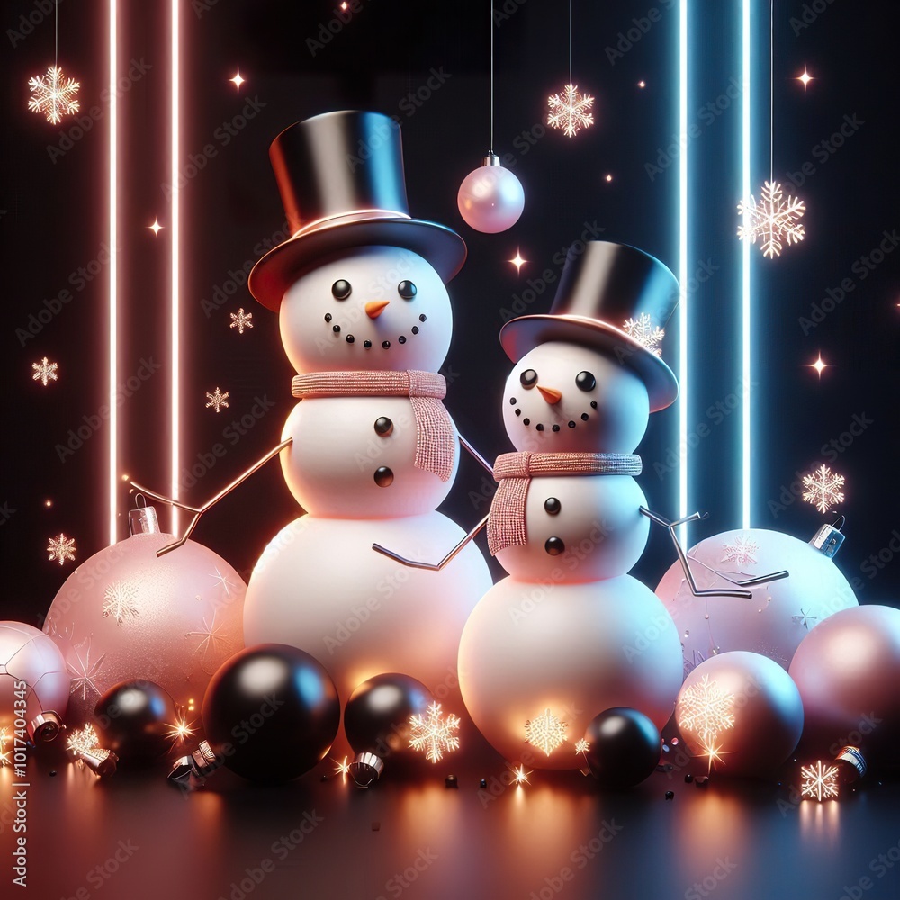 A couple christmas snowman, balls on a black background. 3D rendering. Neon lights A couple christmas snowman, balls on a black background. 3D rendering. Neon lights