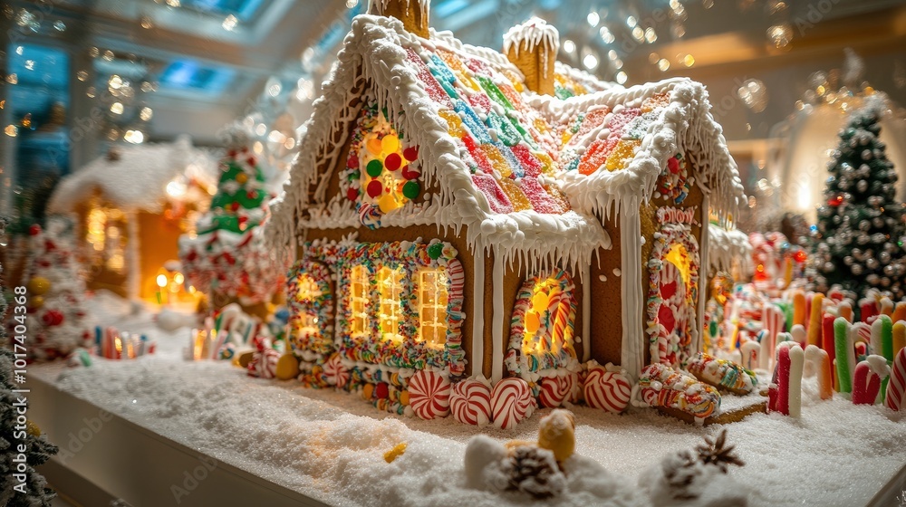 Fototapeta premium Whimsical gingerbread house intricately decorated with colorful candies and royal icing, dusted with powdered sugar