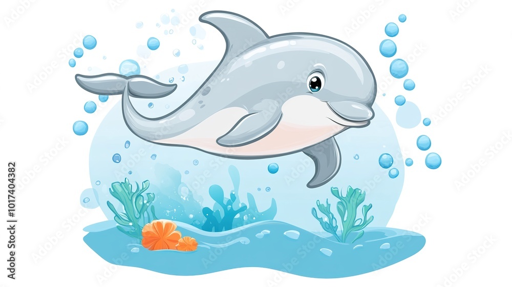 A Cute Dolphin Cartoon Character with a Playful Expression, Swimming Joyfully in a Vibrant Ocean. This Adorable Illustration Features Big, Sparkling Eyes, a Smiling Face, and Bubbles Surrounding A Cute Dolphin Cartoon Character with a Playful Expression, Swimming Joyfully in a Vibrant Ocean. This Adorable Illustration Features Big, Sparkling Eyes, a Smiling Face, and Bubbles Surrounding