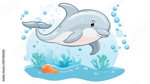 A Cute Dolphin Cartoon Character with a Playful Expression, Swimming Joyfully in a Vibrant Ocean. This Adorable Illustration Features Big, Sparkling Eyes, a Smiling Face, and Bubbles Surrounding  photo