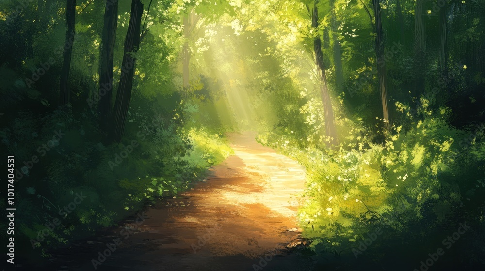 Fototapeta premium Sunlit Path Through Green Forest