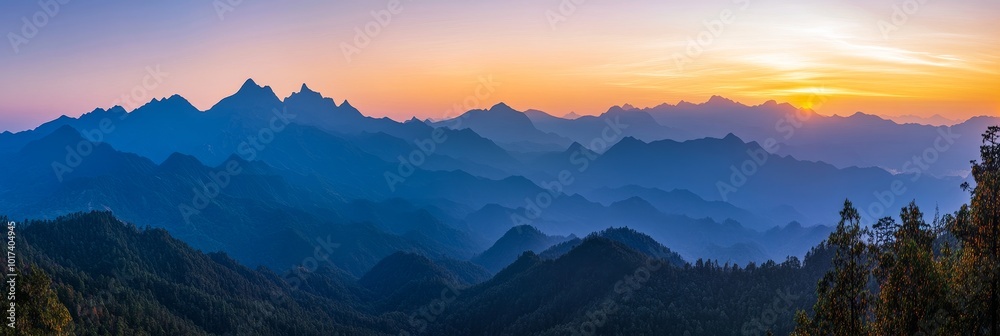 A stunning panoramic view of a mountain range at sunrise, with the sun breaking through the clouds, casting a warm glow over the landscape. A stunning panoramic view of a mountain range at sunrise, with the sun breaking through the clouds, casting a warm glow over the landscape.