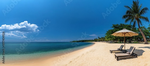 Two lounge chairs on a pristine white sand beach with a palm tree in the background under a clear blue sky.