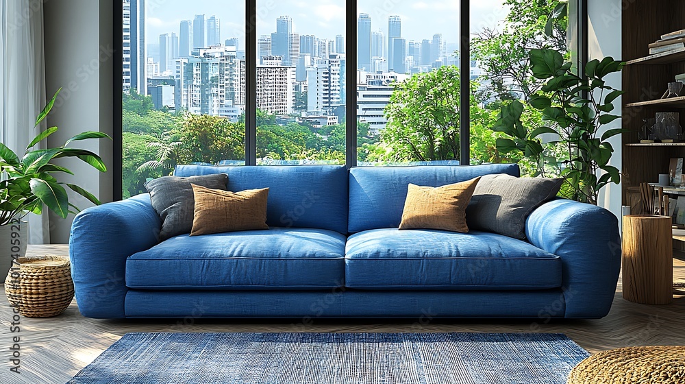 Fototapeta premium Modern living room with blue sofa and city view.