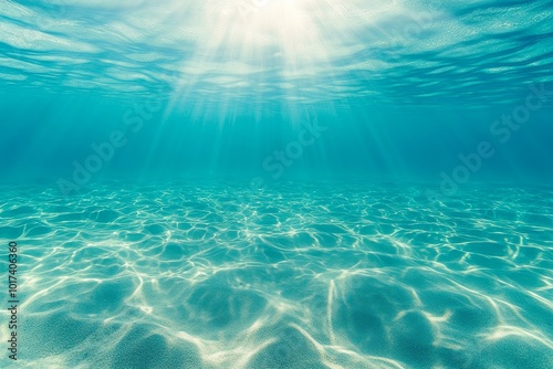 Underwater view of the ocean with sunlight rays shining through the surface.