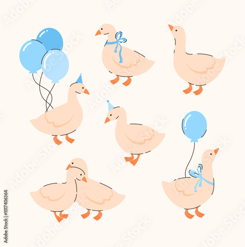 Set of cartoon geese with blue bows and balls. Birthday elements. Flat vector illustration.