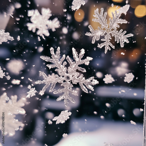 macro photo of snowflakes fluttering and falling to the snow covered ground in the light