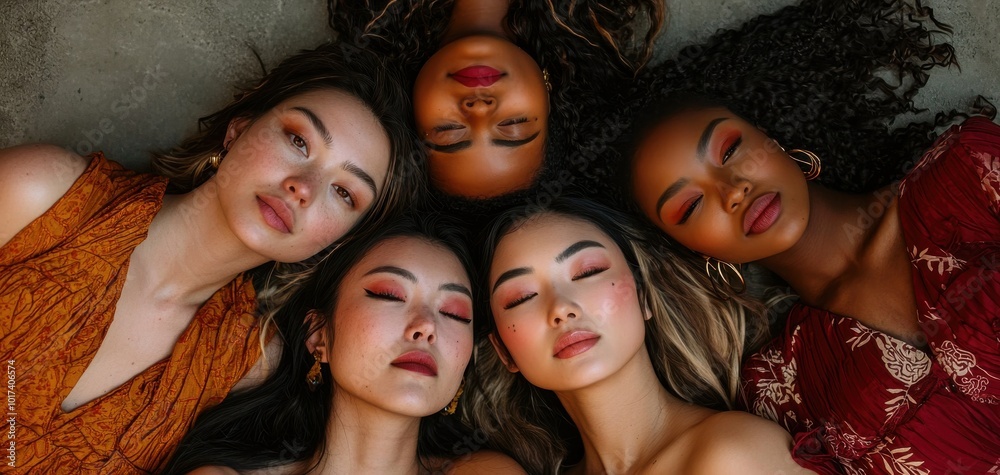 Obraz premium Diverse women posing together with eyes closed, showcasing natural beauty.