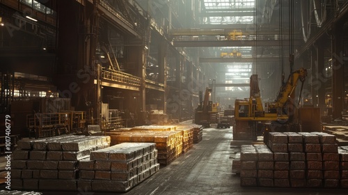 Stacks of freshly cast pig iron ingots cooling on the factory floor, with forklifts and cranes moving them to storage areas in a massive steel mill. photo