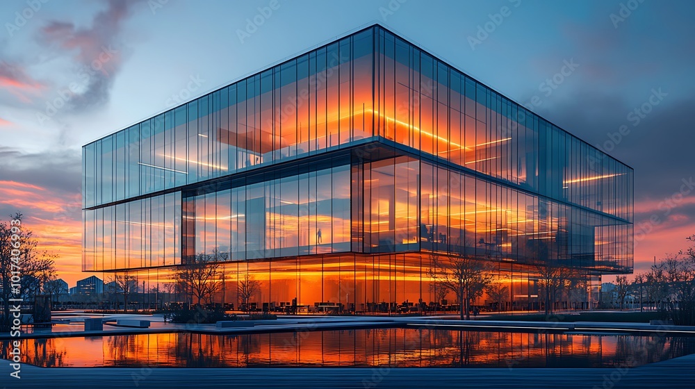 Fototapeta premium Modern glass office building at sunset, reflecting the sky in the water.