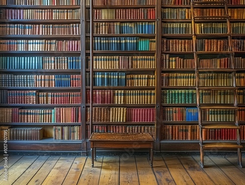 An antique wooden table and a small stool stand in front of a wall lined with bookshelves in a library.