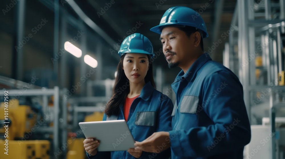 Industrial Workers Discussing Project Details on a Tablet Industrial Workers Discussing Project Details on a Tablet