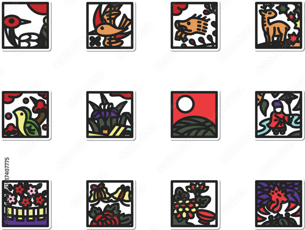 Naklejka premium ミニ正方形ステッカー花札アイコンセット(背景なし)