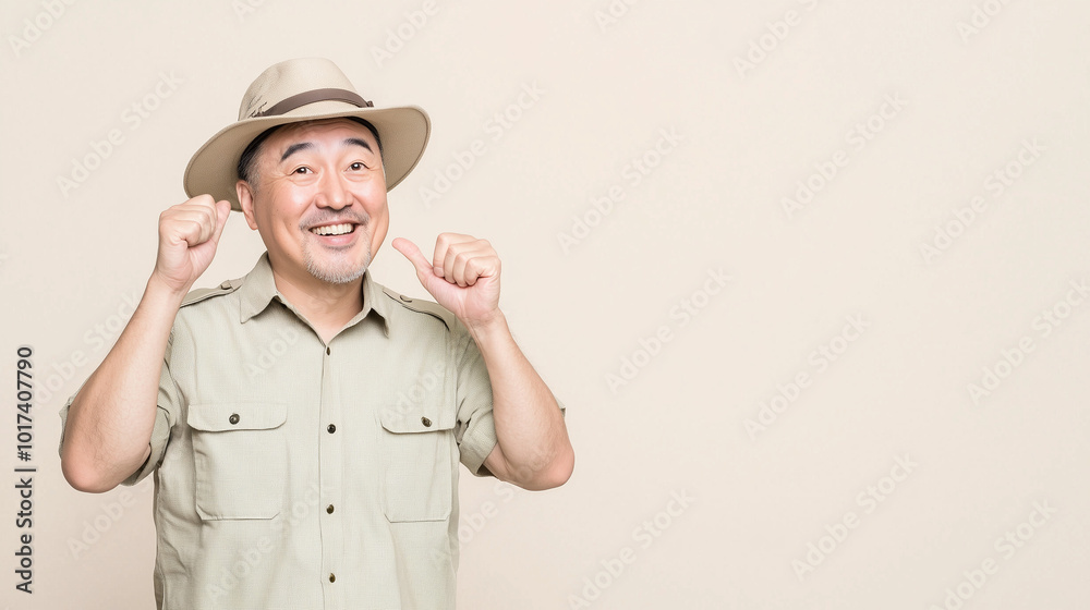 Joyful Explorer: A Portrait of a Happy Asian Man in a Safari Hat Joyful Explorer: A Portrait of a Happy Asian Man in a Safari Hat