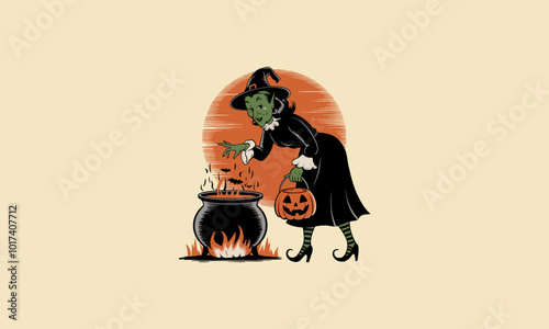 Witch stirring cauldron with pumpkin basket on Halloween