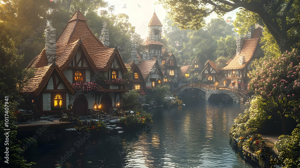 Fantasy Village with River and Bridge 3D Illustration Fantasy Village with River and Bridge 3D Illustration