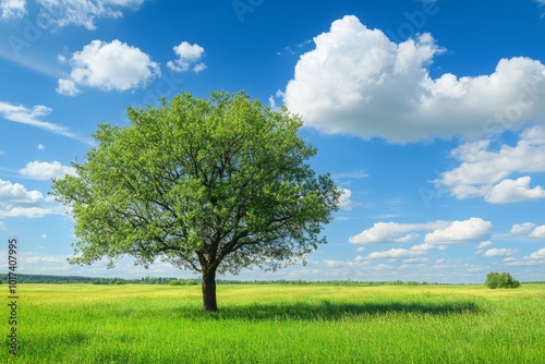 A single, large tree stands in the middle of a green grassy field under a blue sky with puffy white clouds.