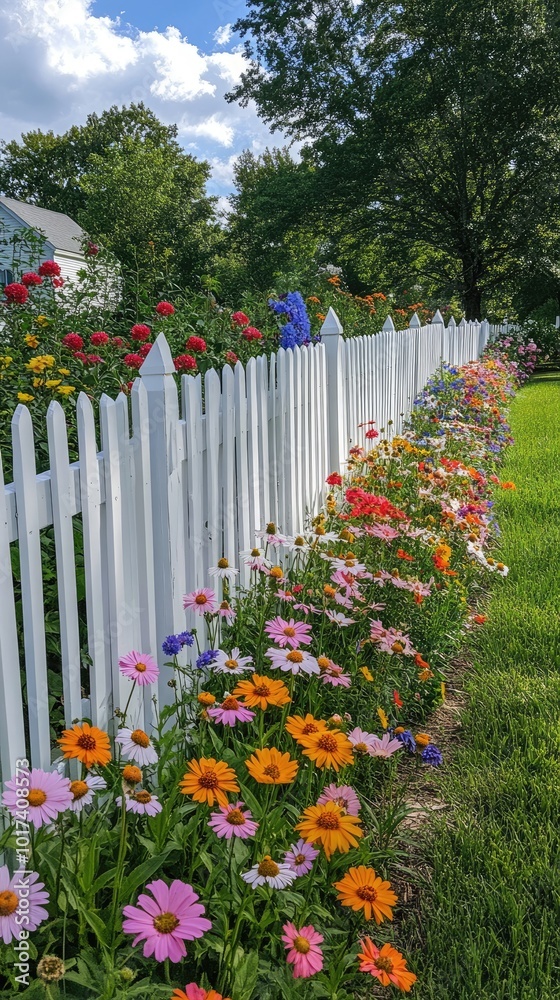 Obraz premium White picket fence with colorful cosmos flowers blooming in garden