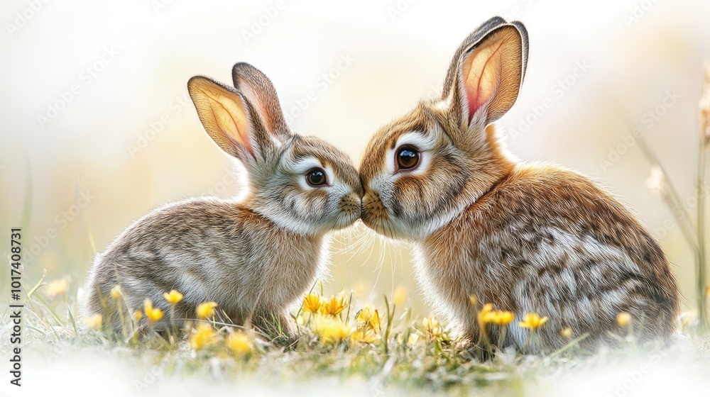 Mother rabbit kissing baby bunny in spring flowers Mother rabbit kissing baby bunny in spring flowers