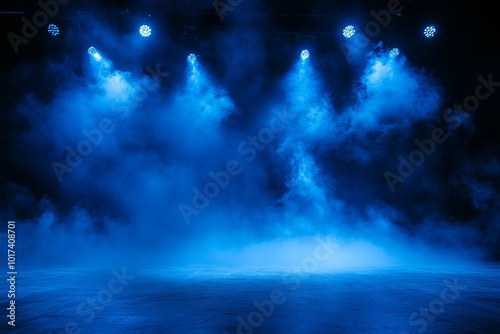 Blue stage lights with smoke and a blue surface.