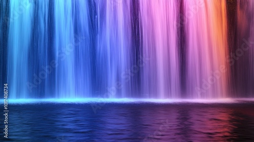Water flowing over a waterfall, with colored lights strategically placed to create a rainbow effect as the water cascades, the vibrant hues blending with the natural motion