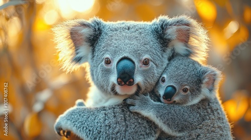 Mother koala bear hugging baby in eucalyptus forest at sunset photo