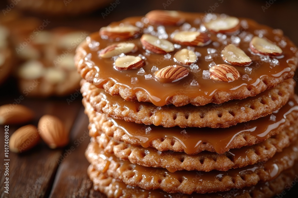 Stack of salted caramel cookies topped with roasted almonds Stack of salted caramel cookies topped with roasted almonds